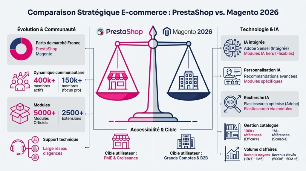 Comparaison stratégique entre PrestaShop et Magento pour le e-commerce en 2026