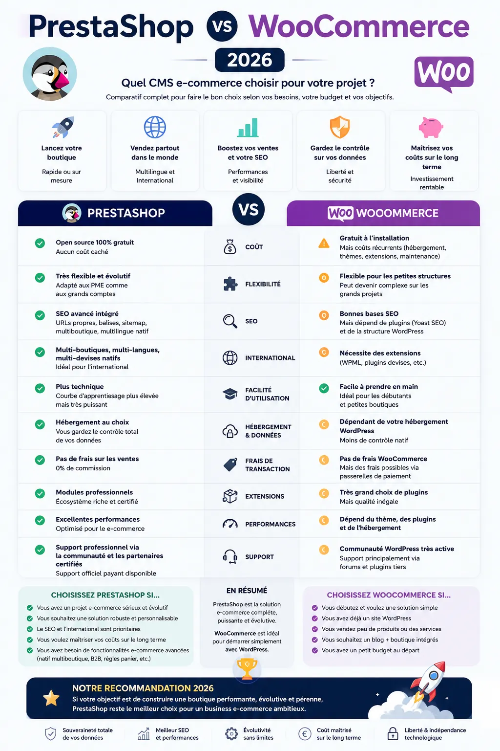 Comparatif PrestaShop vs WooCommerce 2026 : infographie complète des différences SEO, performances, coûts, flexibilité et fonctionnalités e-commerce.