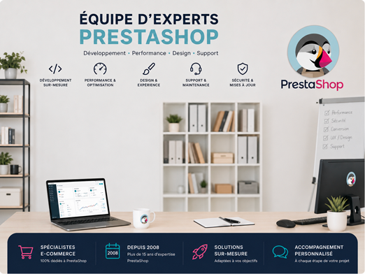 Agence PrestaShop à Toulouse spécialisée en création, développement de modules, maintenance et optimisation de boutiques e-commerce PrestaShop depuis 2008.