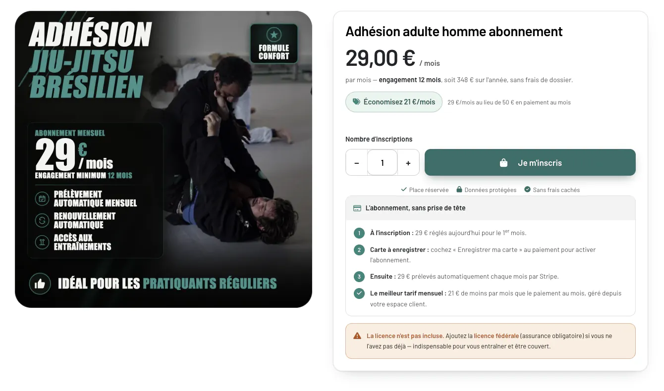 Page abonnement adulte BJJ Surf Collective avec paiement récurrent Stripe et engagement de 12 mois
