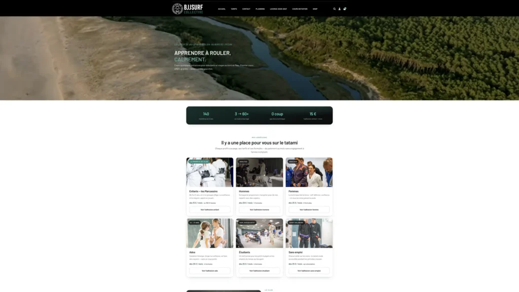 Page d’accueil BJJ Surf Collective développée sous PrestaShop 9 : présentation du club, chiffres clés et profils d’adhésion