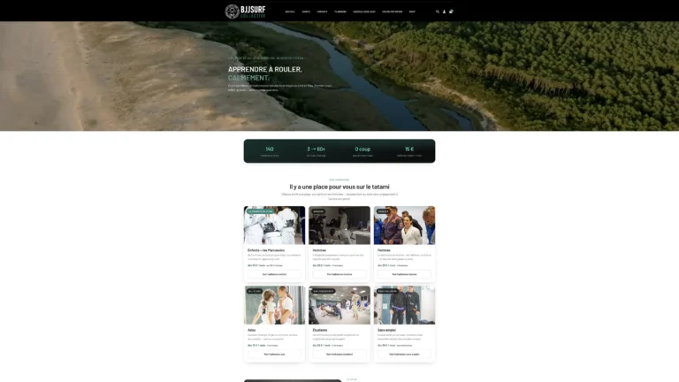 Page d’accueil BJJ Surf Collective développée sous PrestaShop 9 : présentation du club, chiffres clés et profils d’adhésion