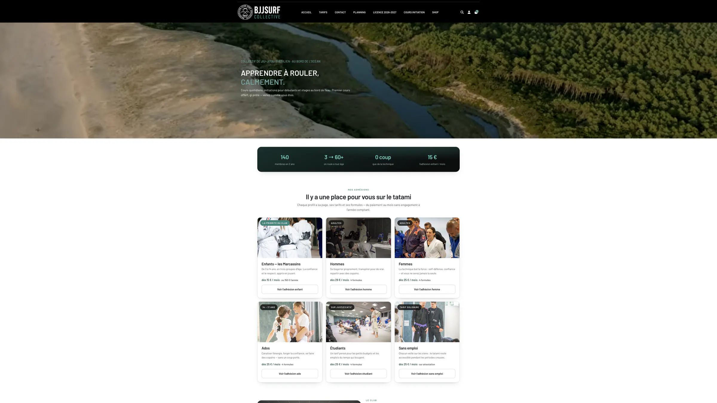 Page d’accueil BJJ Surf Collective développée sous PrestaShop 9 : présentation du club, chiffres clés et profils d’adhésion