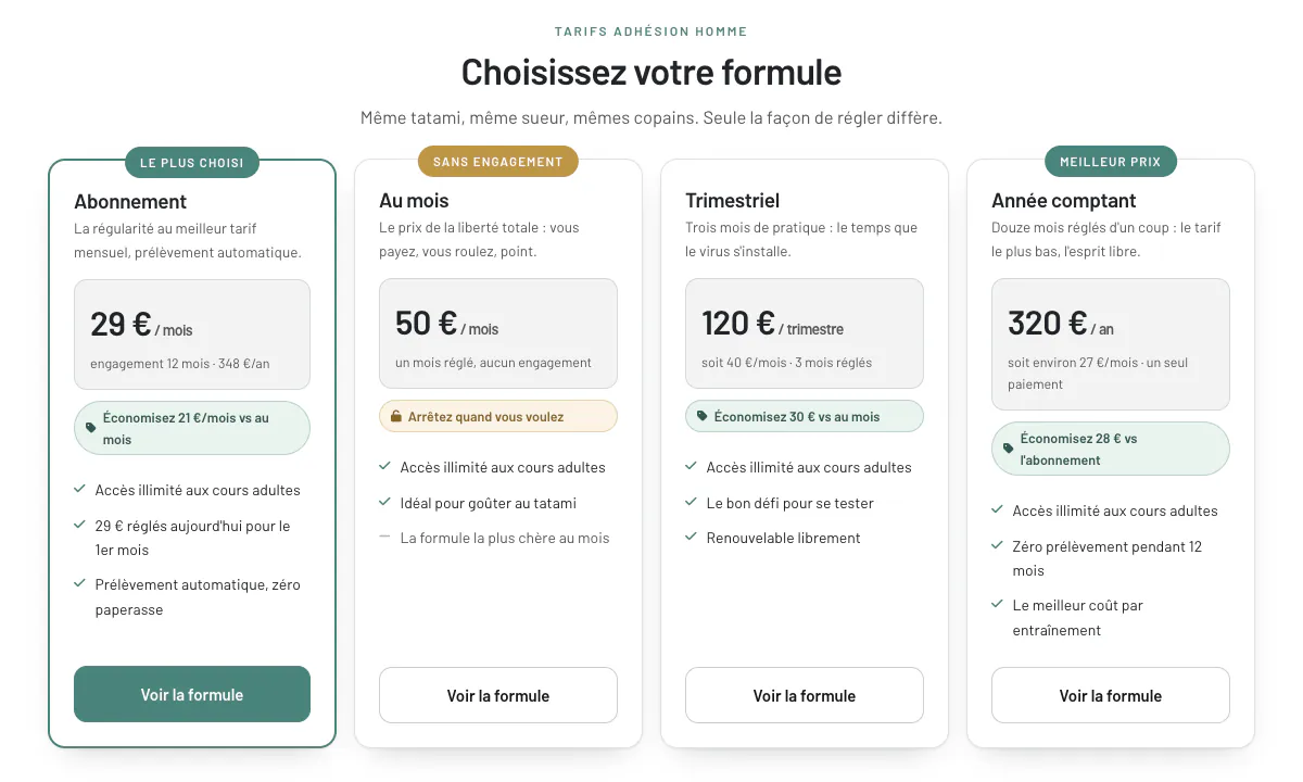 Formules d’adhésion BJJ Surf Collective intégrées dans PrestaShop : abonnement, au mois, trimestriel et année comptant