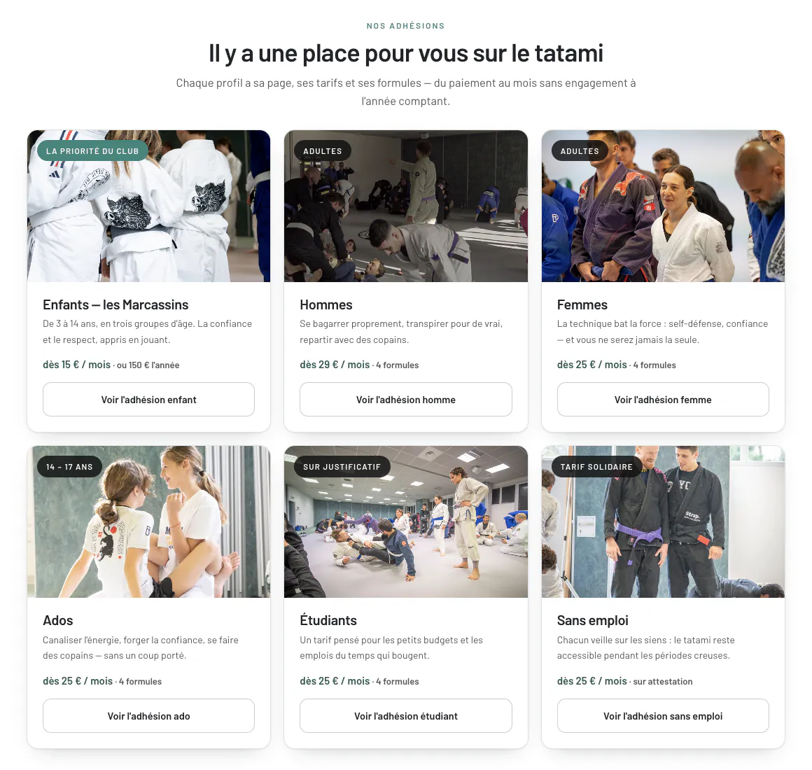 Choix du profil d’adhésion sur le site BJJ Surf Collective : enfants, hommes, femmes, ados, étudiants et sans emploi